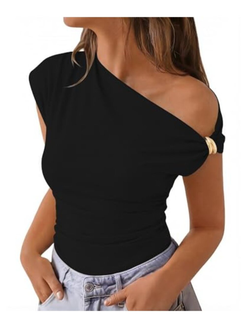 Off Shoulder Asymmetrical Ruched Cap Sleeve Crop Top Women's